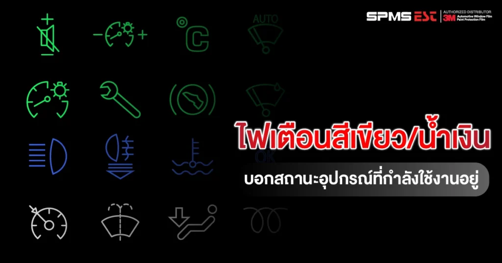 ไฟเตือนสีเขียว/น้ำเงิน — บอกสถานะอุปกรณ์ที่กำลังใช้งานอยู่